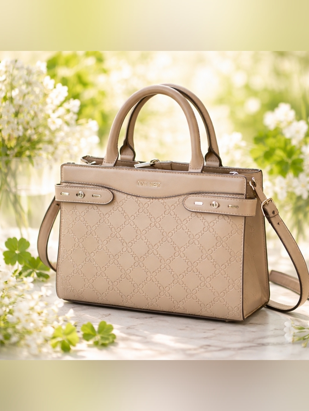 NWOT Nine West Beige Embossed Leather Satchel with Detachable Strap